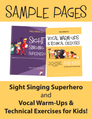 Covers of two books: Sight Singing Superhero and Vocal Warm-Ups and Technical Exercises for Kids!