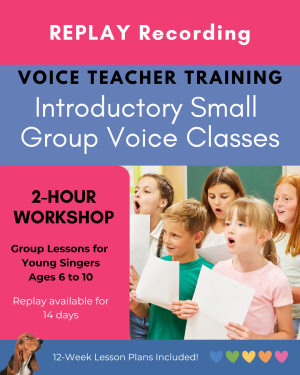Image of a group of children singing, the titles and subtitle of the workshop: Introductory Small Group Voice Classes, Group Lessons for Young Singers Ages 6 to 10.