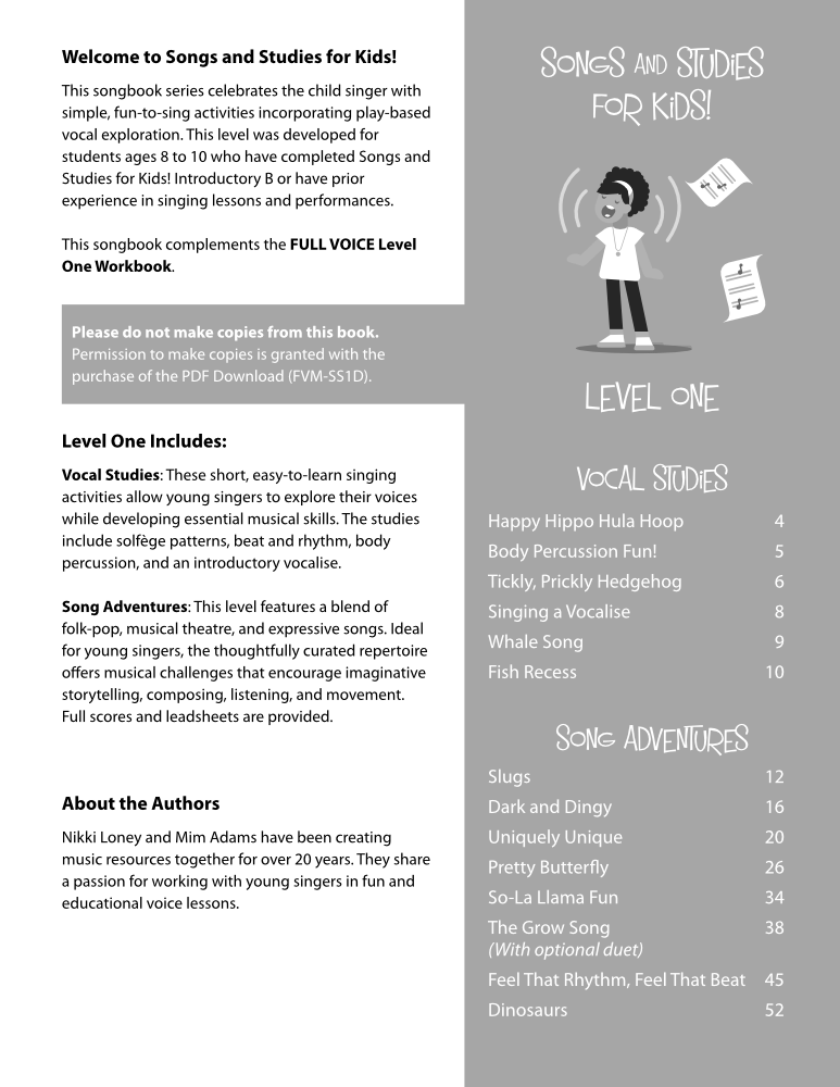 Songs and Studies for Kids! Level one songs table of contents product image