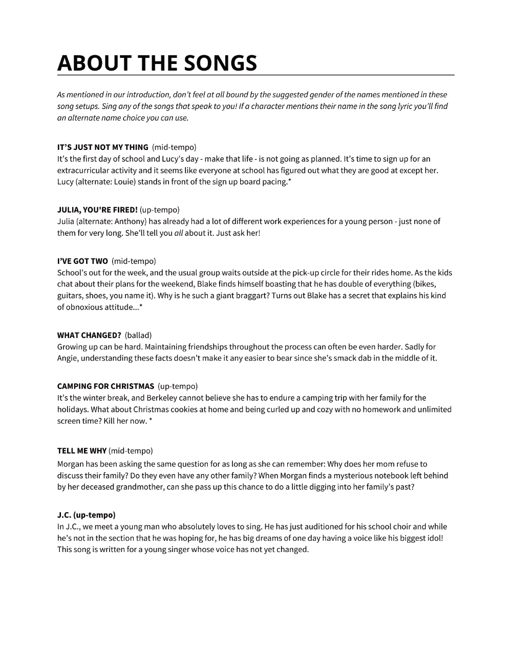 Inside page showing song titles and a paragraph of context for each song.