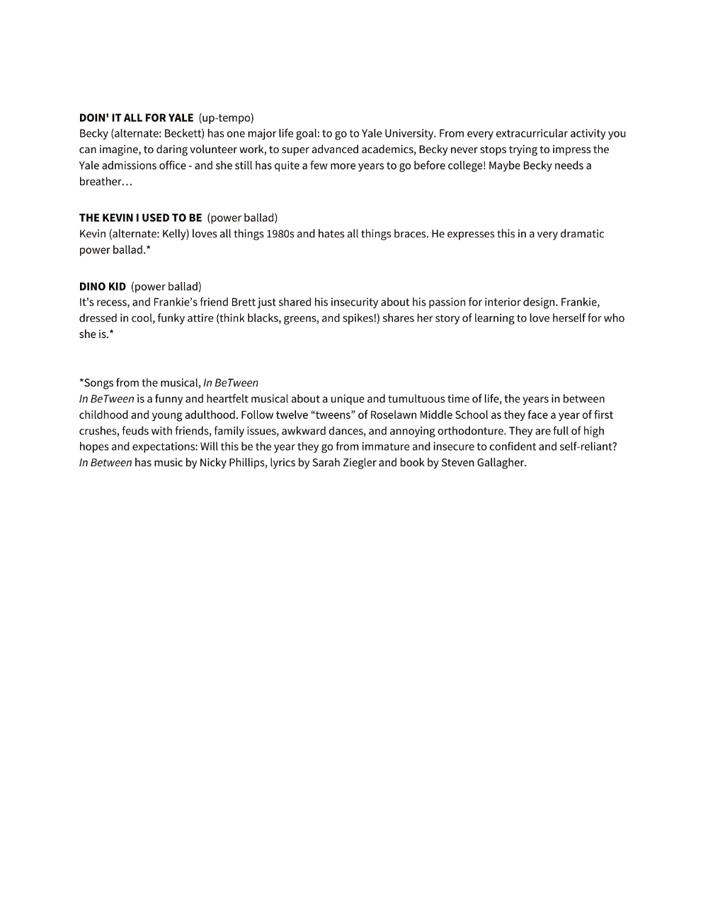 Another inside page showing song titles and a paragraph of context for each song.