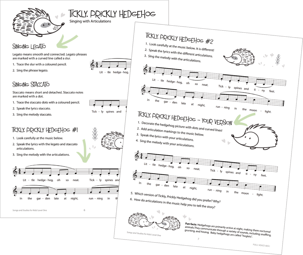 Tickl, Prickly Hedgehog vocal study with arrows pointing to features