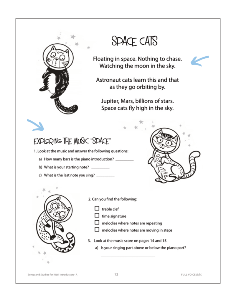 Activity page for Space Cats song with arrows pointing to features