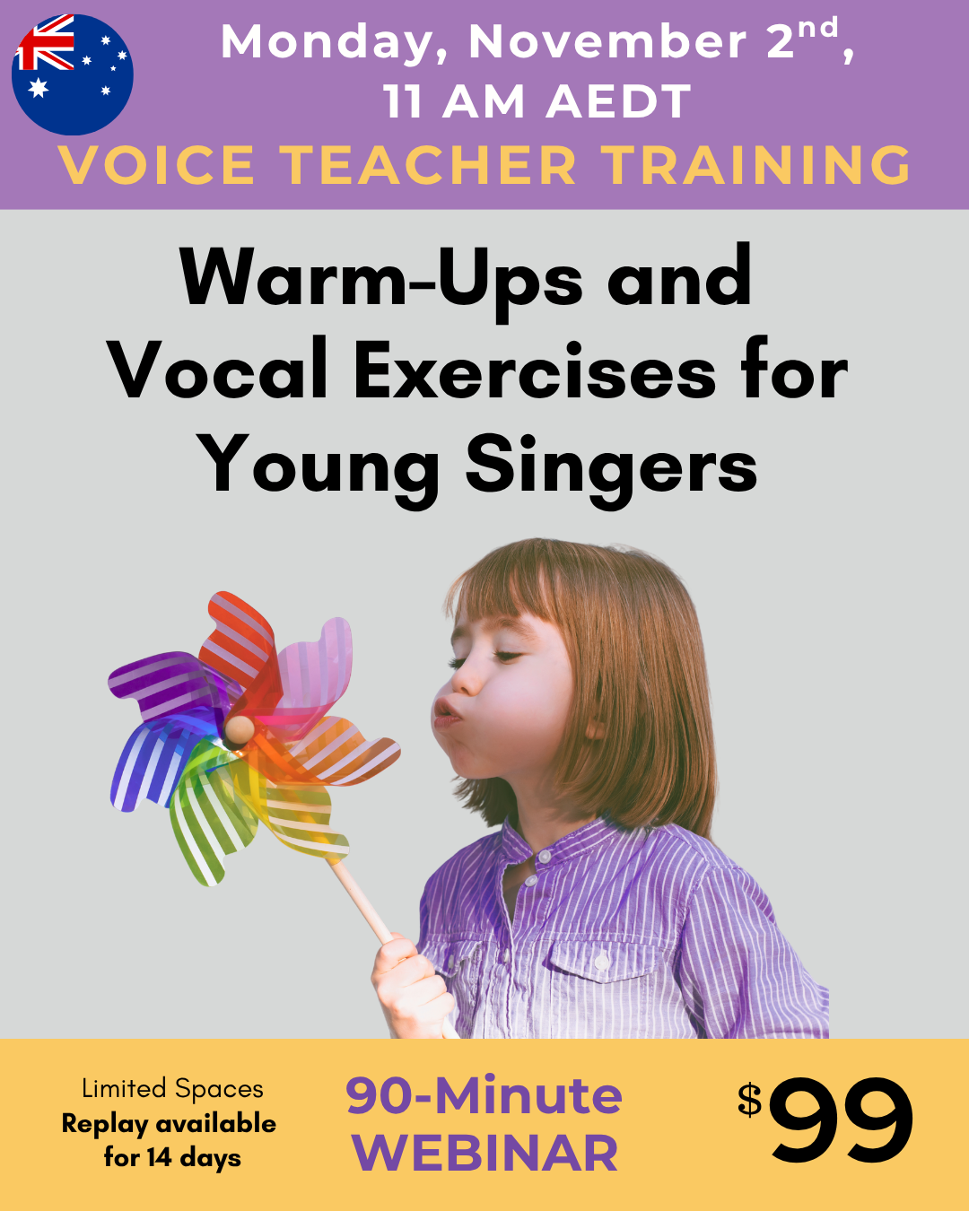 Voice teacher training, Warm-Ups and Vocal Exercises for Young Singers, November 2nd, 11am AEDT