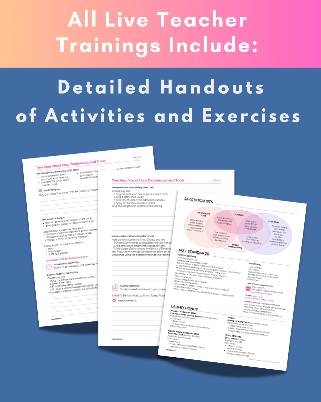 All live teacher trainings include detailed handouts of activities and exercises