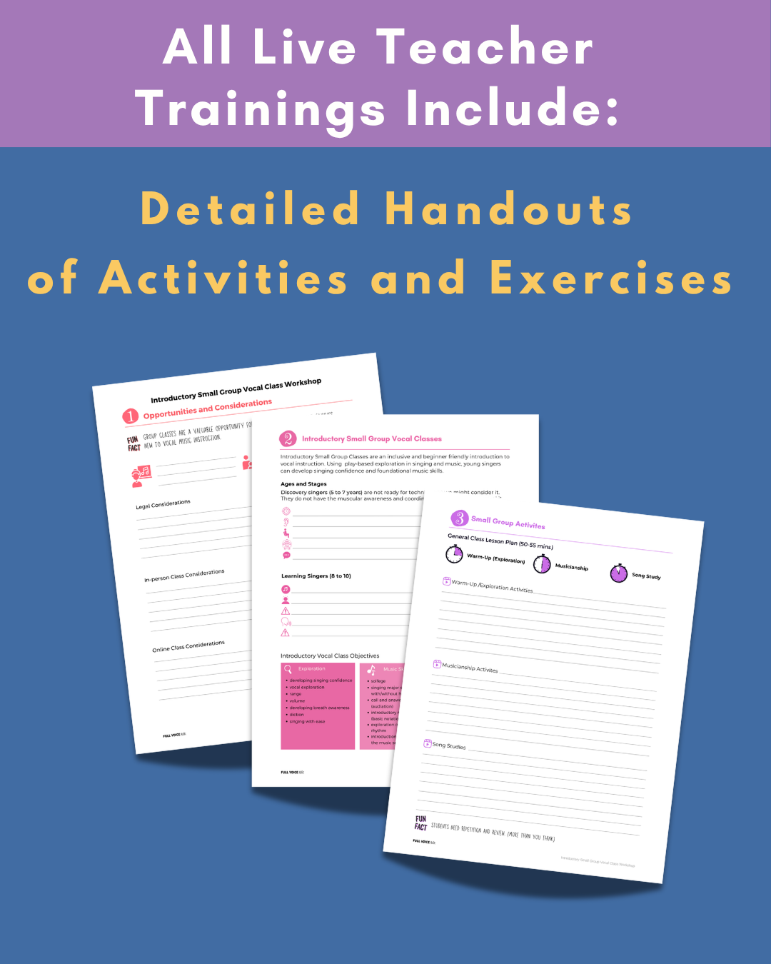All live teacher trainings include: detailed handouts of activities and exercises.
