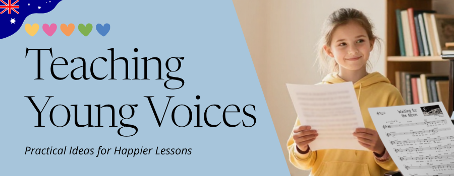 Teaching Young Voices, practical ideas for happier lessons. A student is smiling while holding music.