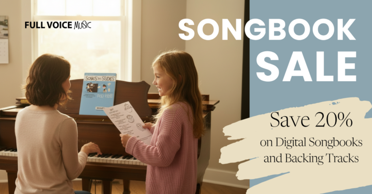 A child singing happily with her teacher, Songs and Studies for Kids is on the piano stand. Sale, Save 20% on Digital Sonbooks and Backing Tracks.