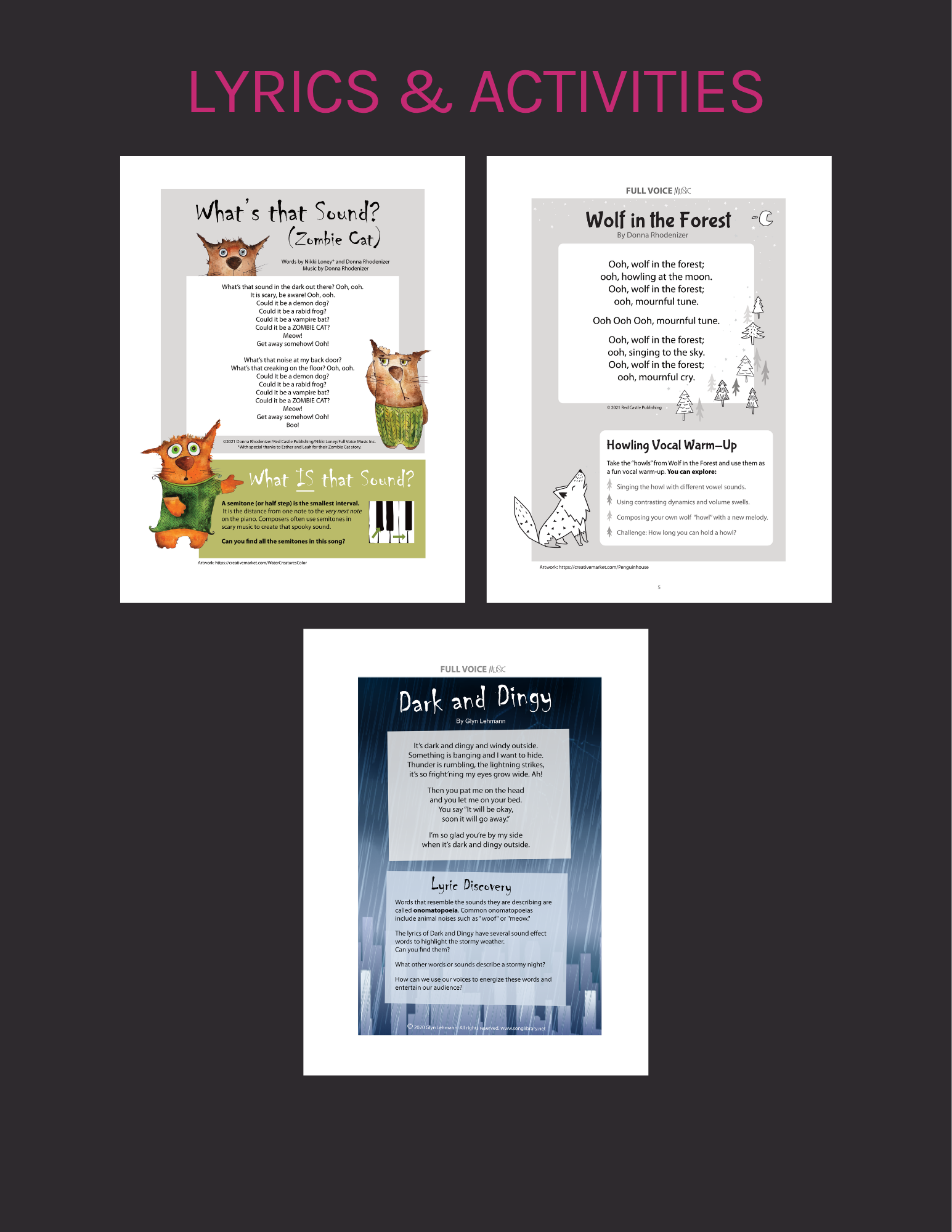 Lyric and activity sheets for What's that Sound? (Zombie Cat), Wolf in the Forest, and Dark and Dingy.