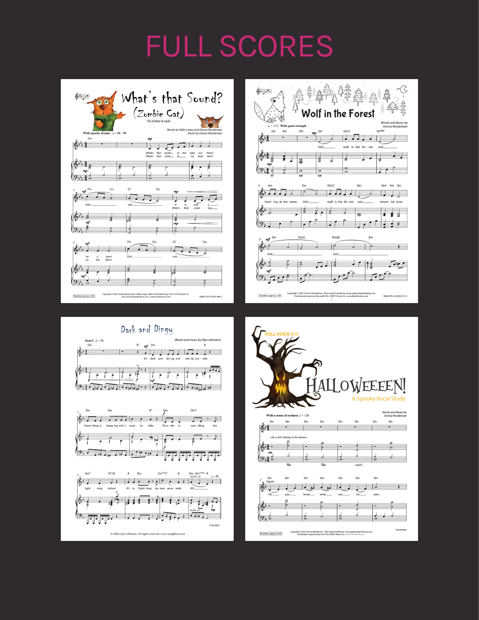 Full scores for What's that Sound? (Zombie Cat), Wolf in the Forest, Dark and Dingy, and Halloweeeen!
