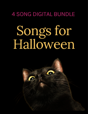 4 song digital bundle, songs for Halloween. A black cat with yellow eyes on a black background.
