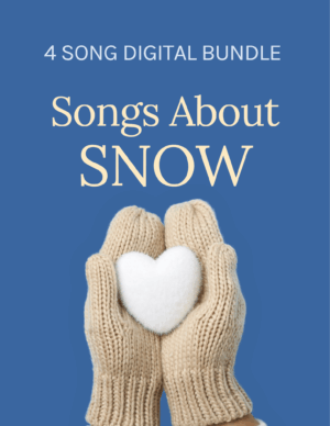 4 song digital bundle, Songs About Snow, hands in beige woolen mittens holding a white felted heart