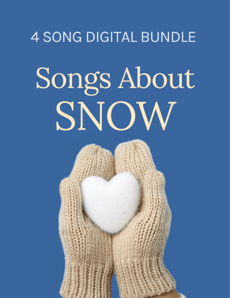 4 song digital bundle, Songs About Snow, hands in beige woolen mittens holding a white felted heart