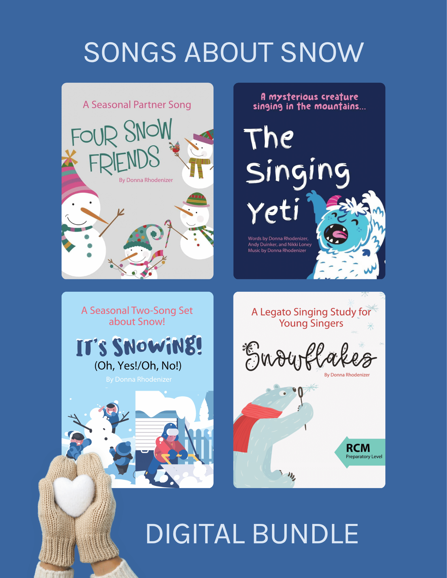 Four songs in this bundle: Four Snow Friends, The Singing Yeti, It's Snowing (Oh Yes/Oh No), and Snowflakes